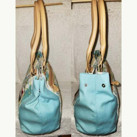 LA CABAÑA NWT X-LARGE, SEAFORM GREEN &TAN SHOULDER HANDBAG, SLIVER TONE HARDWAER - Picture 4 of 8